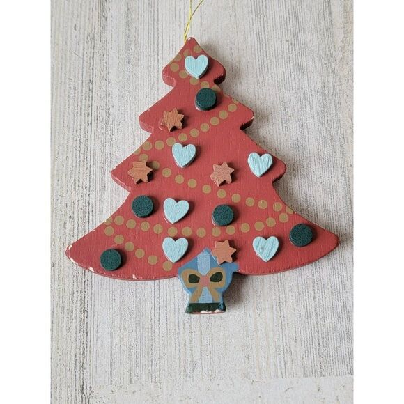 Wooden red tree star heart hand paint ornament Xmas decor - Picture 2 of 6